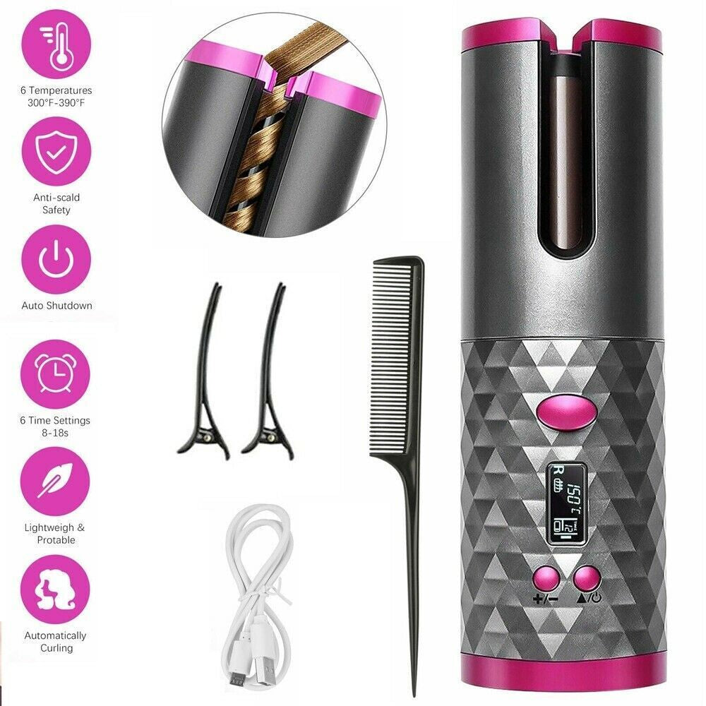 Electric LCD Display Automatic Rotating Cordless Hair Curler Fast Curling Iron Tongs Portable USB Rechargeable with Comb Safe USB Cordless Automatic Rotating Hair Curler Hair Waver Curling Iron